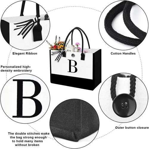 Vista 3 de Bolsa de playa de lona para mujer, bolsa grande de lona personalizada con bolsillo con cremallera, regalos para amigos, novia, despedida de soltera