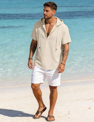Vista 5 de Sudaderas con capucha de algodón y lino para hombre, camisa de manga corta con botones, camisa de verano hawaiana con cordón