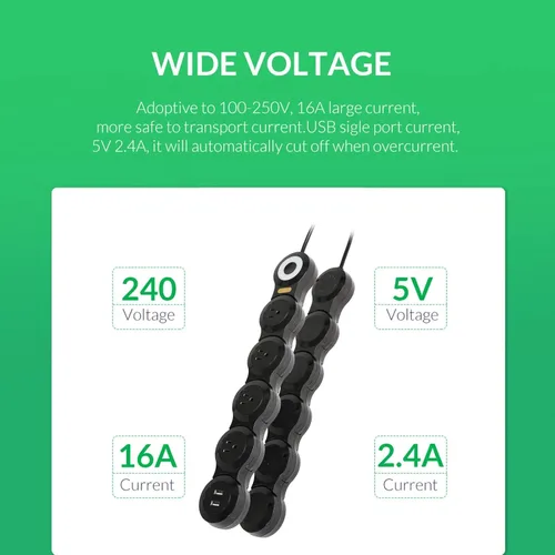 Vista 6 de Cable de alimentación de deformación para enchufe de enchufe grande, regleta de alimentación de enchufe plano con 2 puertos USB y 4 tomas múltiples