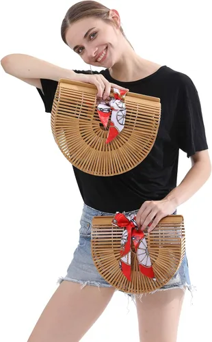 Vista 6 de Obosoyo Bolso de bambú hecho a mano para mujer, para verano, playa, mar
