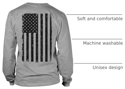 Vista 3 de Camisa de manga larga unisex con bandera negra desgastada de Estados Unidos Gris claro - Impresión trasera