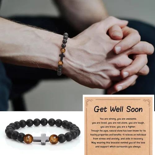 Vista 2 de Pulsera de piedra natural para hombres, hijo, papá, abuelo, papá, marido, tío, niños, hermano, sobrino. Recupérate pronto, jubilación, regreso a