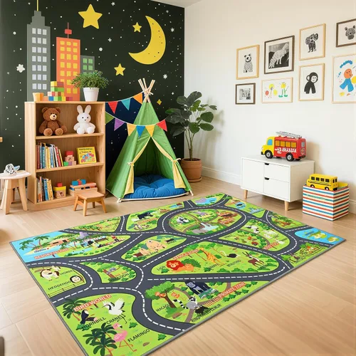 Vista 8 de Alfombras de juego de autos para niños, 36 x 60 pulgadas, tapete de juego de mapa de ruta urbano para jugar con autos, camiones, tapete de juego