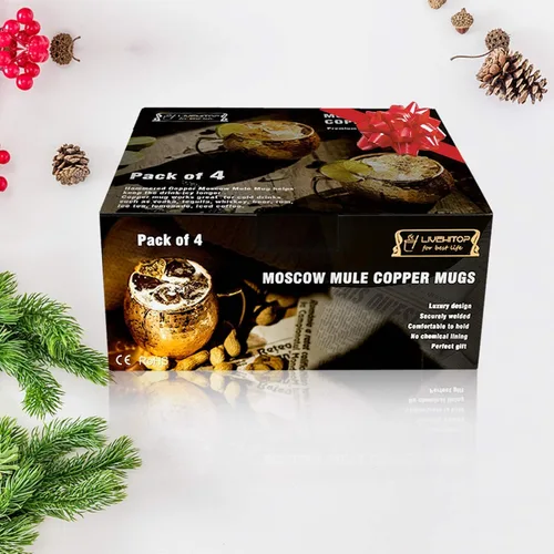 Vista 6 de LIVEHITOP Moscow Mule - Juego de 4 tazas de cóctel hechas a mano de cobre de 19.5 onzas con posavasos para bebidas frías, vino, bar, fiesta, hotel