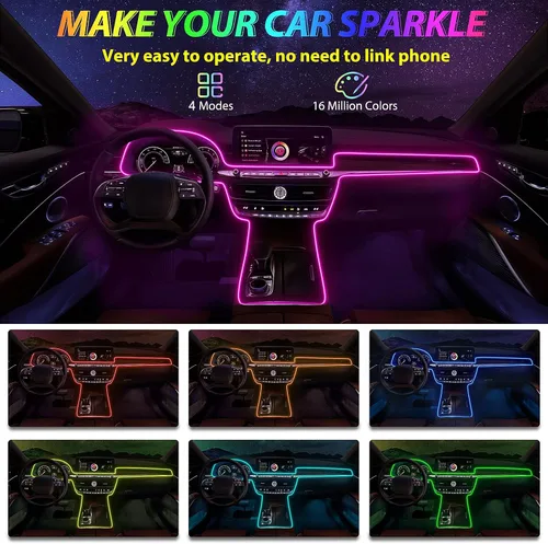 Vista 4 de Tira de luces LED para coche, luces interiores del coche, kit de iluminación LED ambiental con RGB de 16 millones de colores de fibra óptica y ritmo