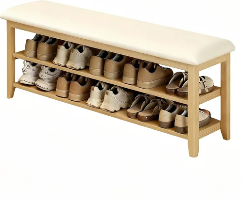 Vista 9 de Banco de almacenamiento de zapatos de madera con cojín de cuero