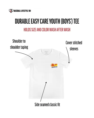 Vista 4 de Baseball Lifestyle 101 Taco - Camiseta juvenil para niños, color blanco, suave mezcla 60/40, transpirable, costuras laterales, tallas juveniles S-XL