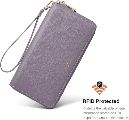 Vista 4 de FOXLOVER Carteras de cuero genuino para mujer, carteras de embrague con cremallera RFID con pulsera