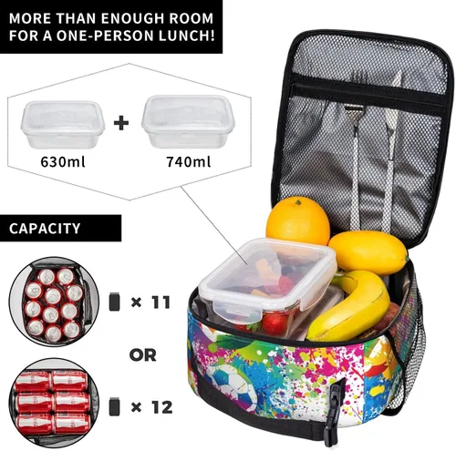 Vista 4 de Bolsa de almuerzo colorida con pelota de fútbol para niños y niñas, lonchera reutilizable de fútbol con aislamiento, bolsa de almuerzo portátil