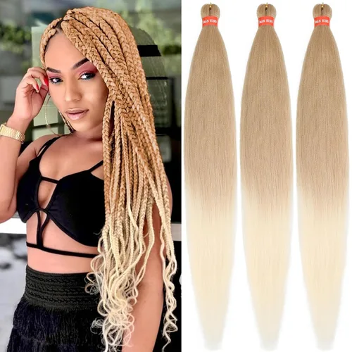 Vista 61 de Cabello trenzado preestirado ombré, extensiones de cabello trenzado sedoso, sin picazón, trenzas de cabello trenzado de ganchillo con textura Yaki