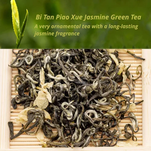 Vista 2 de Oriarm Té de jazmín Bi Tan Piao Xue 2023 Hoja suelta – Té verde chino Mao Feng con flores de jazmín – Yuqian 1er grado 100g (3.53oz) Bolsa