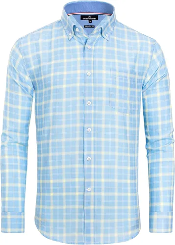 Vista 28 de Alimens & Gentle - Camisas a cuadros con botones para hombre, camisas de vestir de manga larga, de algodón, corte estándar Negro (Black Gingham)