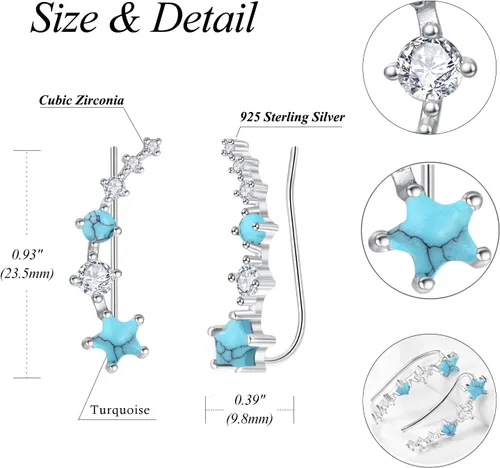 Vista 6 de Dreamboat Aretes de trepadores de orejas de estrella para mujeres y niñas, aretes de plata de ley, aretes envolventes de piedra lunaágata musgoópalo