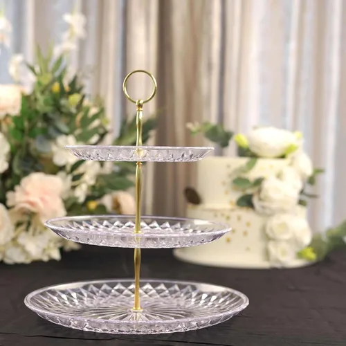Vista 20 de Efavormart - Paquete de 2 elevadores de plástico transparente de 12 pulgadas con borde dorado para cupcakes y postres, soporte desechable para tartas