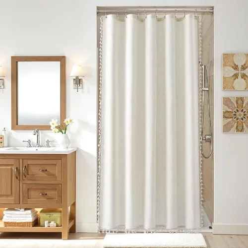 Vista 32 de Nanspring Cortina de ducha de lino extra larga para baño, 96 pulgadas Natural