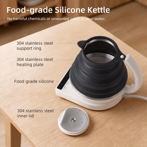 Vista 7 de Hervidor eléctrico de viaje de silicona de grado alimenticio con control de temperatura, 0. 55L (negro)