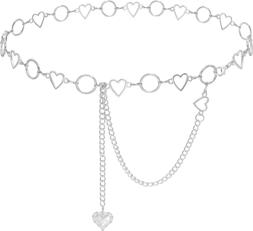 Vista 9 de Cadena de cintura de metal para mujer, cinturón de eslabones ajustables con colgante de corazones de amor Un corazón de oro