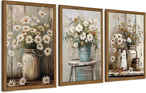 Vista 10 de DUWQU 3 piezas de arte de pared en lienzo floral azul marino, marco de madera azul marino, flores silvestres lirio, margaritas, decoración de pared