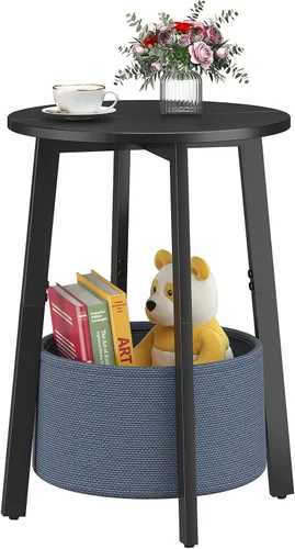 Vista 15 de sthmec Mesa auxiliar pequeña redonda con cesta de almacenamiento de tela, mesa de centro redonda con marco de metal para sofás de cama, mesas