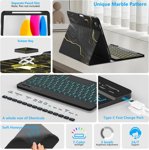 Vista 6 de FUWANG - Funda para iPad A16 de 11ª/10ª generación con teclado, color mármol negro