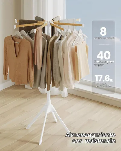 Vista 3 de SONGMICS Estante de secado de ropa, con varillas de bambú para colgar, estante de lavandería plegable de metal, ahorro de espacio, aireador