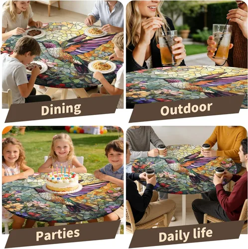 Vista 7 de Mantel redondo ajustable con diseño de borde elástico, impermeable, resistente a las manchas, lavable, se adapta a mesas redondas de 32 a 36