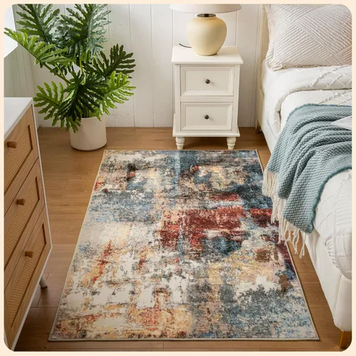 Vista 262 de Istana Alfombra larga antideslizante de 2.5 x 8 para el hogar, para pasillo y cocina, lavable, sedosa y suave al tacto, elegante, color azul y marfil