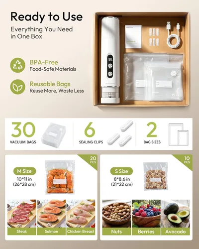 Vista 7 de Maestri House Handheld Vacuum Sealer for Food, 30 Reusable Bags & 6 Clips White