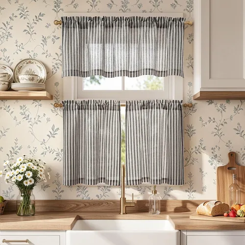 Vista 25 de Jinchan - Juego de cortinas y cenefas de cocina estilo bohemio negro sobre beige y bolsillo para barra Boho Negro sobre Beige