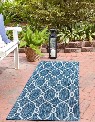 Vista 3 de Unique Loom Outdoor Trellis Collection - Alfombra de área con diseño de enrejado (2 x 6 pies 1 pulgada, azul/marfil)