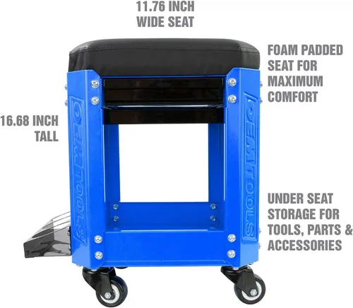 Vista 3 de OEMTOOLS 24996 Asiento Creeper de Taller Azul, Taburete con Ruedas con Almacenamiento de Herramientas, Taburete de Mecánico para Trabajo de Garaje