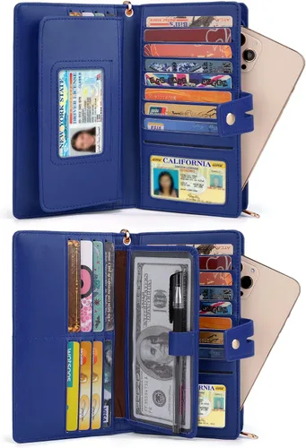 Vista 2 de UTO Cartera de pulsera para mujer desmontable para chequera, tarjeta, billetes, teléfono, organizador grande, 1085 azul, Grande, Moderno