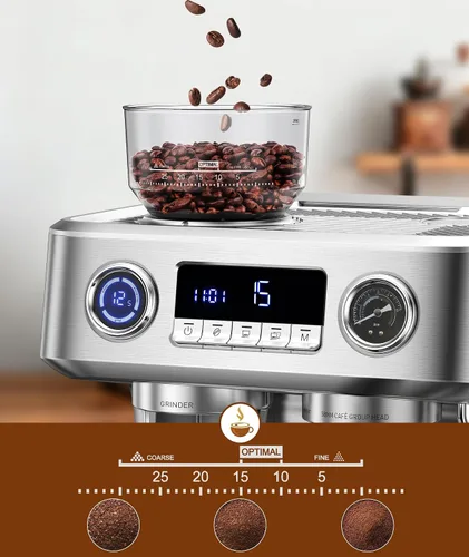 Vista 8 de Máquina de café espresso COWSAR de doble caldera con molinillo, máquinas de espresso de 20 bares con espumador de leche, cafetera de espresso