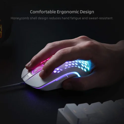 Vista 6 de LTC Circle Pit HM-001 RGB - Mouse para juegos con carcasa ligera de panal de abeja 6400 DPI 6 botones programables color blanco