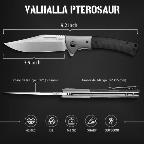 Vista 5 de VALHALLA PTEROSAUR Cuchillo de bolsillo, cuchillo plegable de acero D2 de 3.9 pulgadas con mango de micarta, cuchillo de bolsillo para hombres, Negro