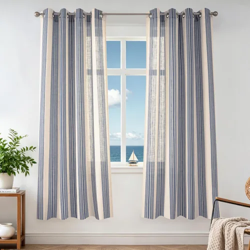 Vista 68 de DriftAway Cortinas de estilo granja con rayas verticales de lino mezclado texturizado con filtro de luz semitransparente para sala de estar