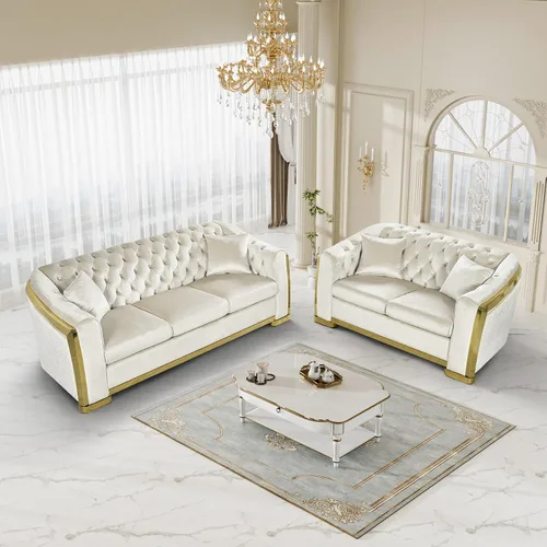 Vista 25 de DAMAIFROM Sofá Chesterfield moderno de mediados de siglo, sofá de terciopelo de 62" blanco y dorado, sofá biplaza curvo de lujo para sala de estar