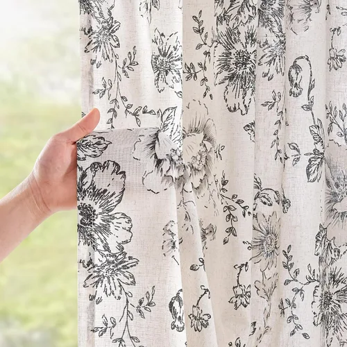 Vista 3 de Jinchan - Cortinas de lino floral de 120 pulgadas de largo para sala de estar, 2 paneles Negro sobre beige