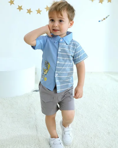 Vista 2 de Ropa para niños pequeños, conjunto de camisa de verano, pantalones cortos, ropa de algodón para niños pequeños