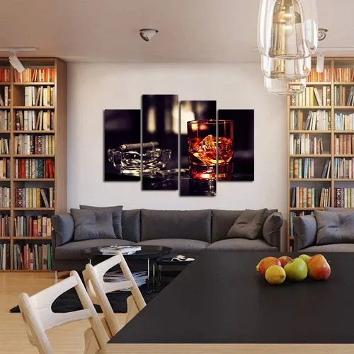 Vista 2 de VVOVV Wall Decor - Whisky marrón en tazas con lienzo de hielo, impresión artística de pared, pintura de vino, cuadros enmarcados, cenicero
