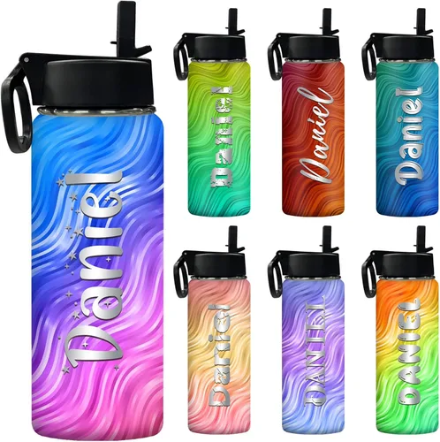 Vista 15 de Botella de agua personalizada, botella de agua deportiva personalizada con nombre, botella de acero inoxidable aislada al vacío con tapa con Color 1