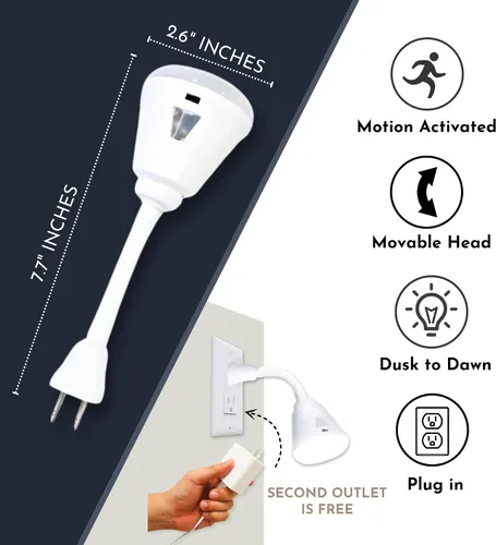 Vista 2 de Luz nocturna brillante LED con sensor de movimiento y luz, toma de corriente alterna, cuello flexible, giratorio, lámpara automática PIR