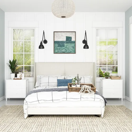 Vista 5 de BOLUO Mesita de noche blanca con 2 cajones para dormitorio, mesita de noche pequeña con cajones de tela, mesita de noche moderna