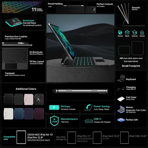 Vista 6 de typecase Funda de Teclado Edge para iPad Air de 13 pulgadas (M3/M2, 2025/2024) y iPad Pro de 12.9 pulgadas (6ª/5ª/4ª/3ª generación), Teclado Magic