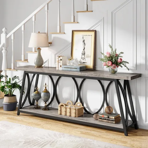 Vista 5 de Tribesigns Mesa consola extra larga de 70.9 pulgadas, mesa de sofá industrial detrás del sofá con estante de almacenamiento de 2 niveles, mesa