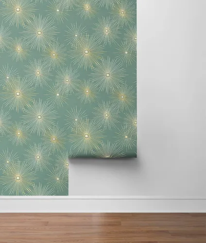 Vista 6 de NextWall Star Burst Geo - Papel tapiz autoadhesivo de mediados de siglo (verde azulado y dorado metálico)