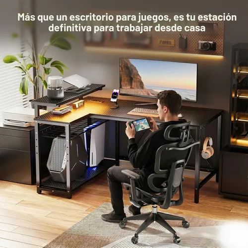 Vista 9 de Bestier - Escritorio de juegos con tomas de corriente, escritorio para computadora de 42 pulgadas en forma de L con luces LED, escritorio