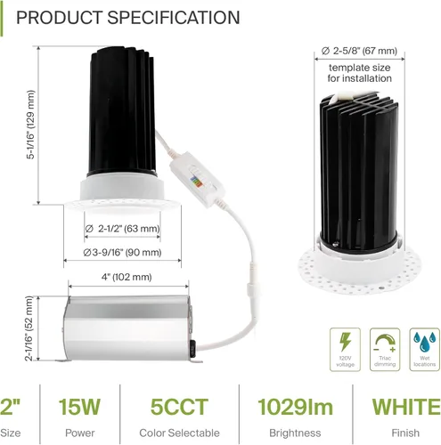 Vista 2 de ASD Iluminación empotrable LED de 2" sin moldura, 15 W 120 V, luz de techo redonda comercial regulable, sin lata, con caja de conexiones, 5 CCT