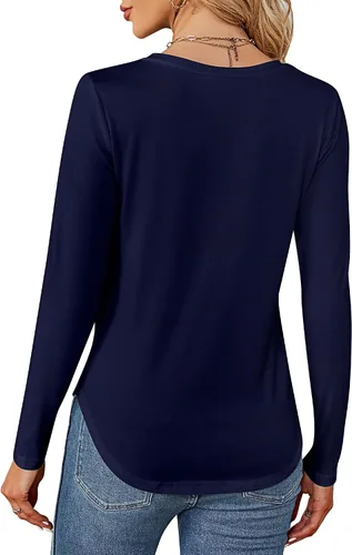 Vista 6 de Ficerd Paquete de 2 camisetas con cuello en V para mujer, manga corta o larga, camisetas básicas de verano casuales con dobladillo sólido