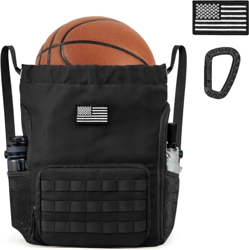 Vista 9 de G4Free Mochila con cordón para gimnasio, bolsa de baloncesto de fútbol con compartimento para zapatos, bolsa deportiva táctica, Negro -, Classic